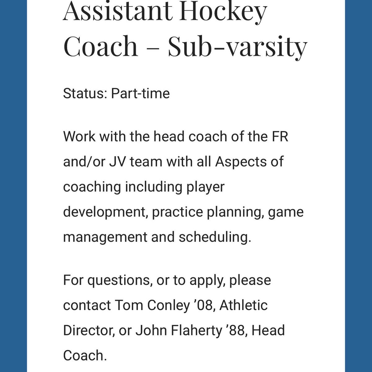 BCH_HOCKEY's tweet photo. Job postings for current openings with the BC High Hockey Coaching Staff. For more info contact jflaherty@bchigh.edu ⁦@BChighathletics⁩ ⁦@BCHChirpNation⁩ ⁦@BCHigh⁩ ⁦@MassNZ⁩ ⁦@MSHCA1⁩ ⁦@MassHSHockey⁩ ⁦@IMHockeyskills⁩ ⁦@jeffcox425⁩ https://t.co/xlPSu4ioCF
