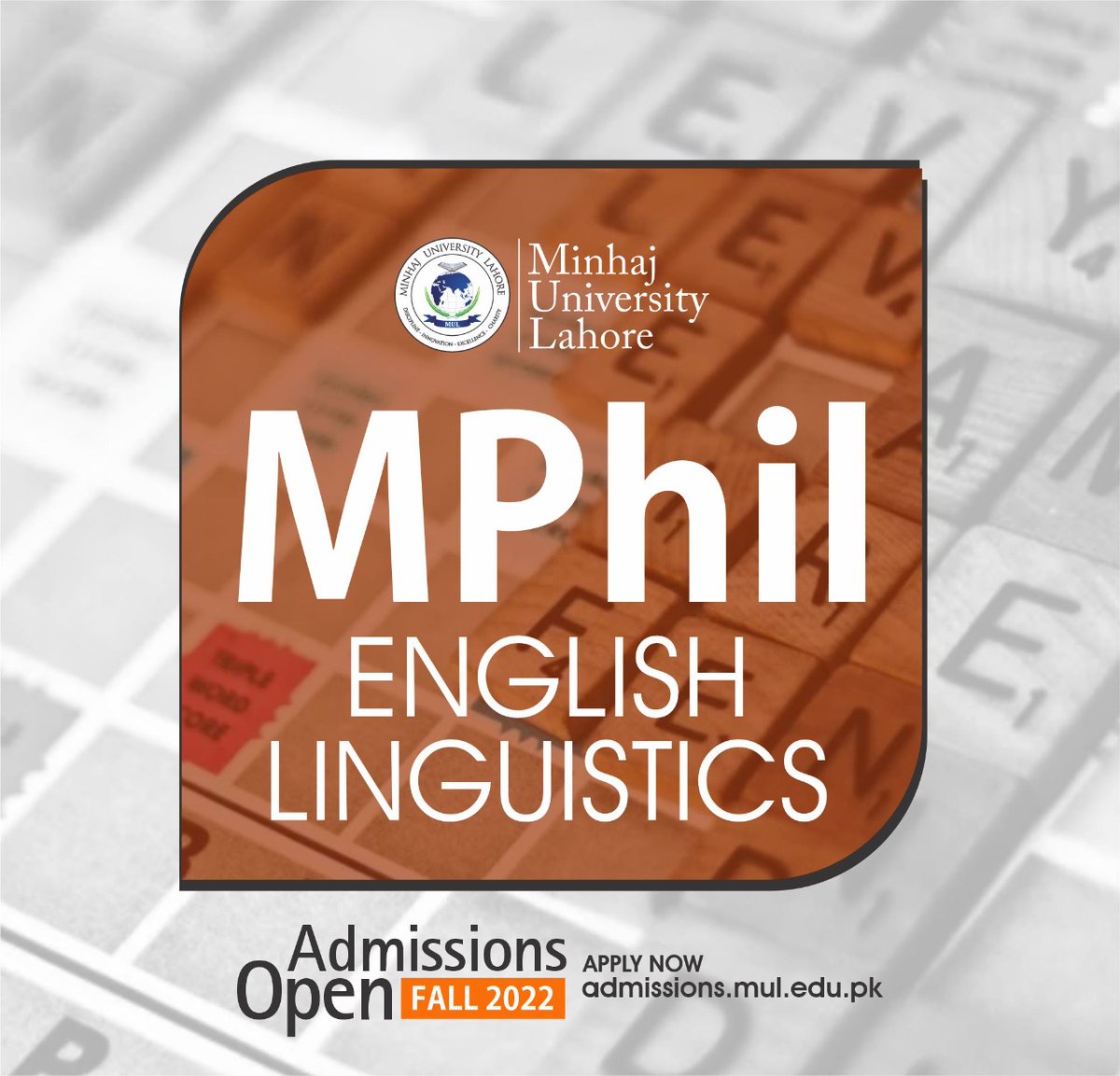 OfficialMUL's tweet photo. SCHOOL OF ENGLISH…!!!
Admissions are open in M.Phil English Linguistics at Minhaj University Lahore.
For more details, please visit our website.
https://t.co/2lC8z6bVuV
#Admissionsopen
#AdmissionsOpen2022
#Admissions
#SpringAdmissions https://t.co/mwkKun6NlV