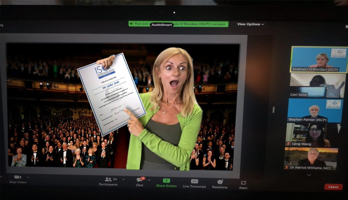 Congratulations to our <a href="/cerisimsposmind/">Ceri Sims</a> for winning a fellowship award from <a href="/ISfCP/">ISfCP</a> this PM for outstanding contributions to the development of coaching psych &amp; pos psych (there may have been just *some* Photoshop involved here to make an award thru Zoom more realistic... 😋😄)