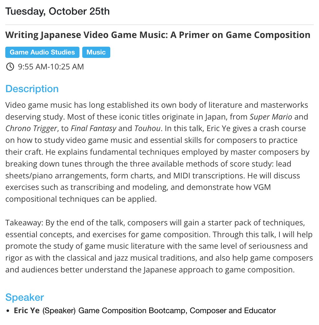 Excited to give my talk at GameSoundCon in LA in a few weeks! I'll be giving a crash course on how to study VGM and essential skills/concepts all game composers should know about! gamesoundcon.com