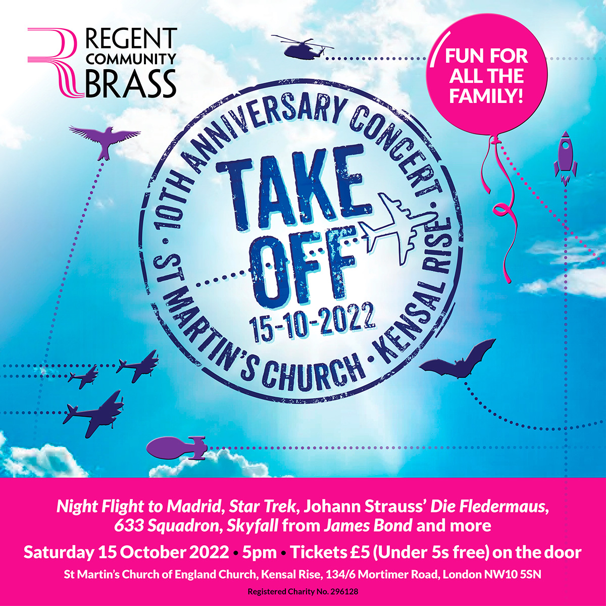 🚁🚀✈️ #Countdown to our “Take Off” flight themed concert at St Martin’s Kensal Rise on Sat 15th October. Fabulous brass band music for all the family inc James Bond, Star Trek, 633 Squadron…
.
.
#kensalrise #nw10 #familyconcert #brassband 
<a href="/KensalQueensPk/">kensalqueenspark</a>
<a href="/StKensal/">St John's Church at Kensal Green</a>
<a href="/NW10KTRA/">Kensal Triangle RA</a>