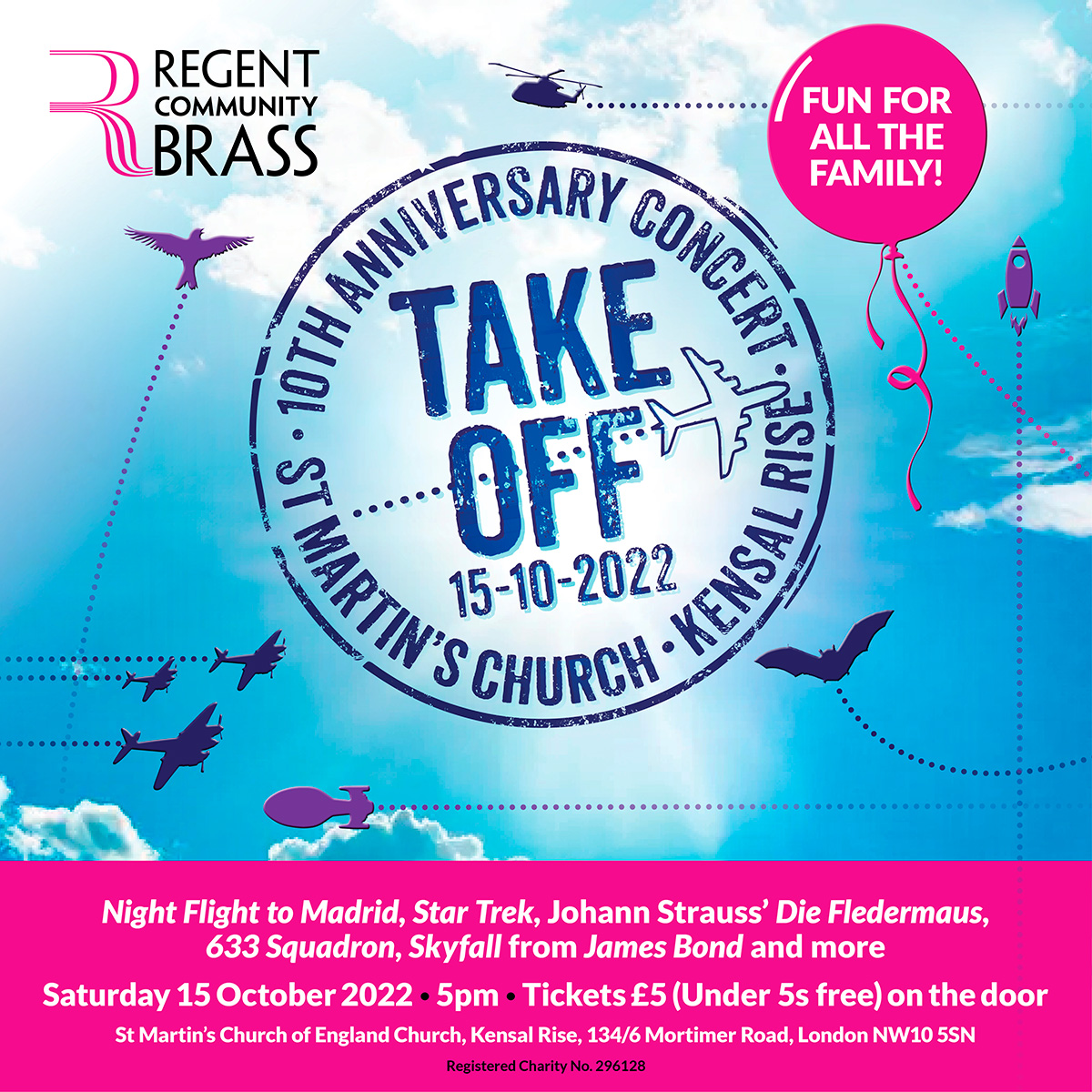 🚁🚀✈️ #Countdown to our “Take Off” flight themed concert at St Martin’s Kensal Rise on Sat 15th October. Fabulous brass band music for all the family inc James Bond, Star Trek, 633 Squadron… . . #kensalrise #nw10 #familyconcert #brassband @KensalQueensPk @StKensal @NW10KTRA