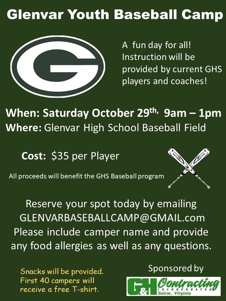 Come join us for a day of fun and learning! Camp is for 1st-6th graders. <a href="/GlenvarHigh/">Glenvar High School</a> @glenvarsports