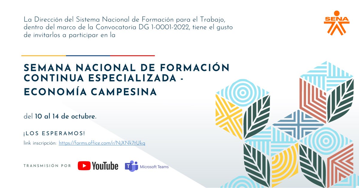 holdingafidg's tweet photo. Inscríbete a la Semana Nacional de Formación Continua Especializada – Economía Campesina 🌱, tendremos más de 12 conferencistas que nos acompañaran en este camino lleno de conocimiento 🐣 Regístrate https://t.co/IwfsmzLwYa #SENAConLasEmpresas #SemanaNacionalPFCE #AFIDG https://t.co/DEhiEX3IWq