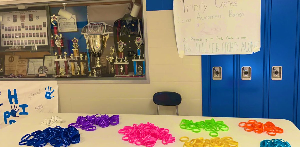 For sale now in school Cancer Awareness bracelets for 2 dollars each! Available for purchase during any lunch period or in front of Mr. Millers room! All proceeds benefit Trinity families in need. Help support!