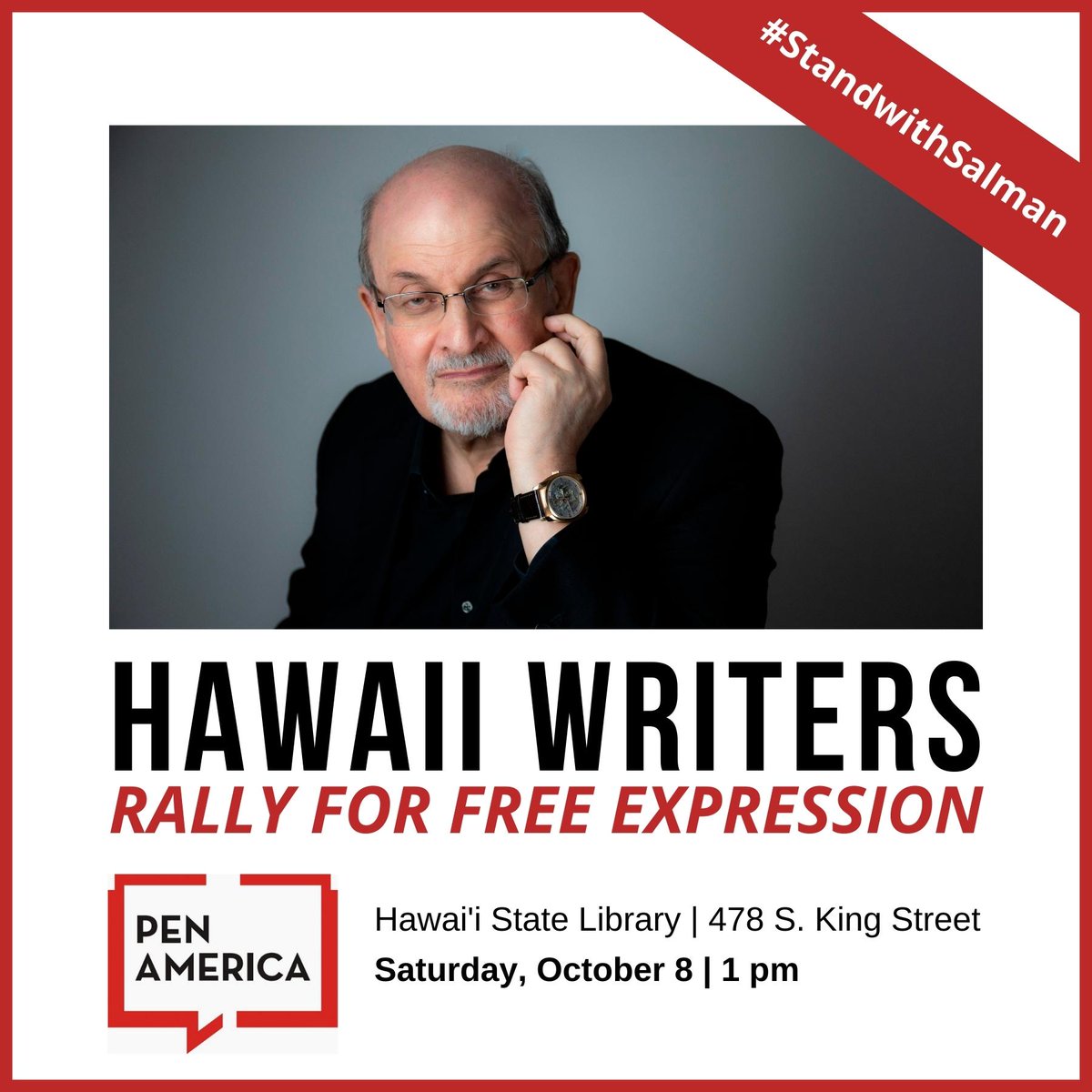 AlexanderMaksik's tweet photo. In affiliation with @PENamerica, @hawaiibookmusic and    @HSPLSHIgov, we'll be gathering on the steps of the State Library to stand for free expression and in solidarity with @SalmanRushdie. Please come out and show your support. https://t.co/RKHgN2FmOB