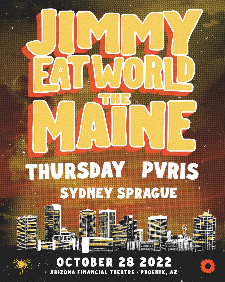 Phoenix! Stoked for our hometown show with @themaine, @thursdayband, @ThisIsPVRIS & @sydneysprague coming up on October 28 at Arizona Federal Theatre! Tickets are on sale now: JimmyEatWorld.lnk.to/PHX22