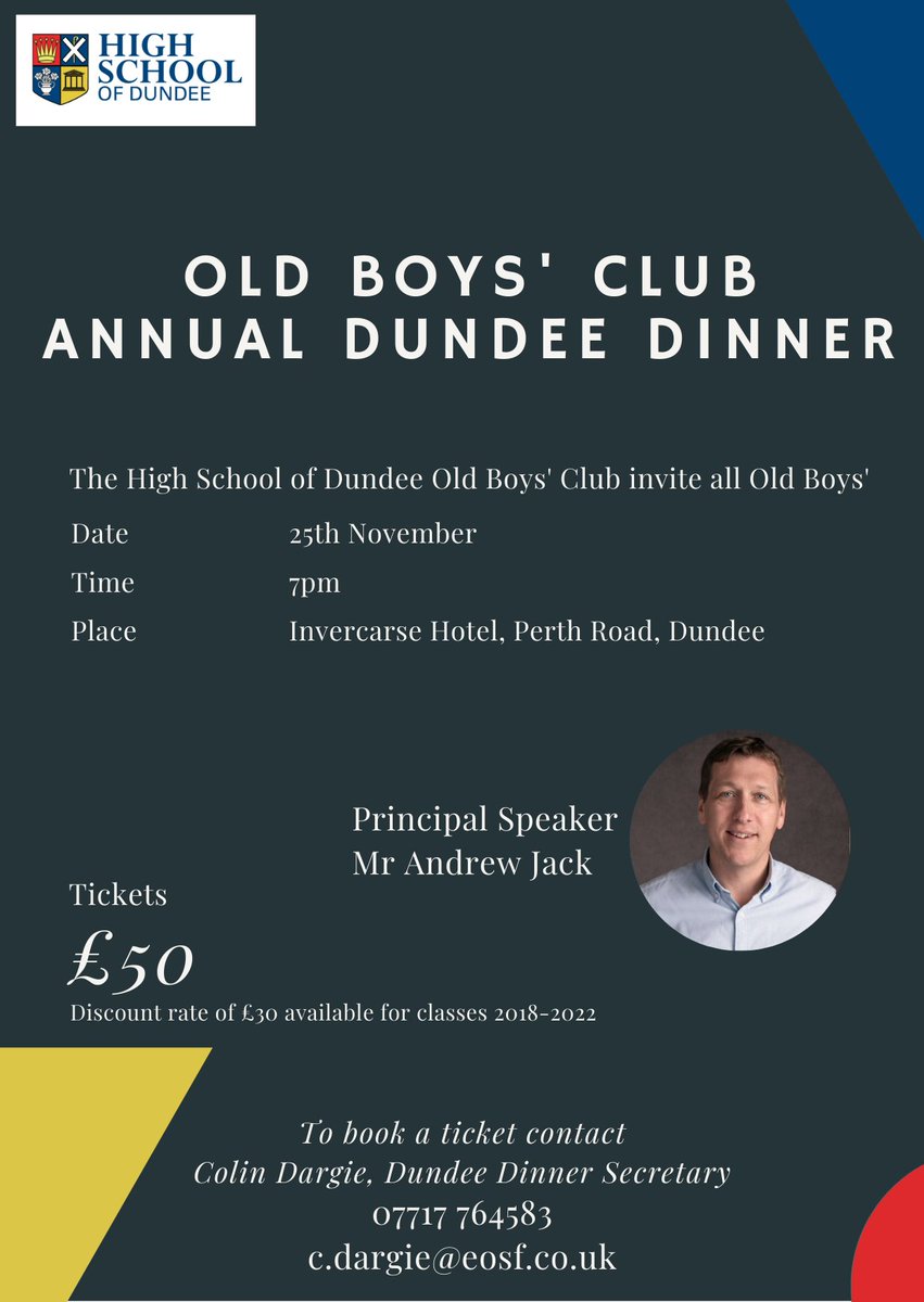 On behalf of the Old Boys’ Club we're delighted to send this invitation to the Annual Dundee Dinner, to be held on Friday 25th November 2022 at The Invercarse Hotel, Dundee.
A great opportunity to catch up with peers &amp; old chums, let your hair down and remember good times!