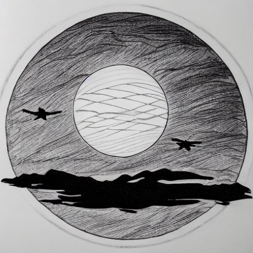 AIDreamer1's tweet photo. morning sunrise on venus, mountains in the distance, a crow flies across the sun, hand drawn #StableDiffusion #aidreams #generativeart #aiart https://t.co/sAX6uGPuCc