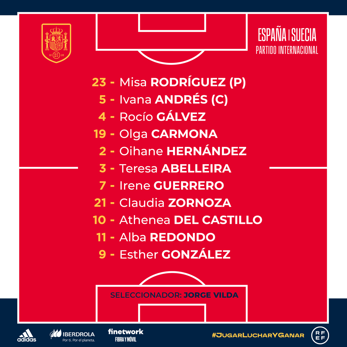 SEFutboIFem's tweet photo. 🔴 𝗢𝗙𝗜𝗖𝗜𝗔𝗟 I ¡TENEMOS XI DEL REAL MADRID!

👥 Esta es la alineación dispuesta por Jorge Vilda para el duelo ante Suecia.

El primer encuentro amistoso en el camino de la @SEFutboIFem B hacia el 𝗠𝘂𝗻𝗱𝗶𝗮𝗹.

#JugarLucharYGanar https://t.co/QW8VNbsiNF