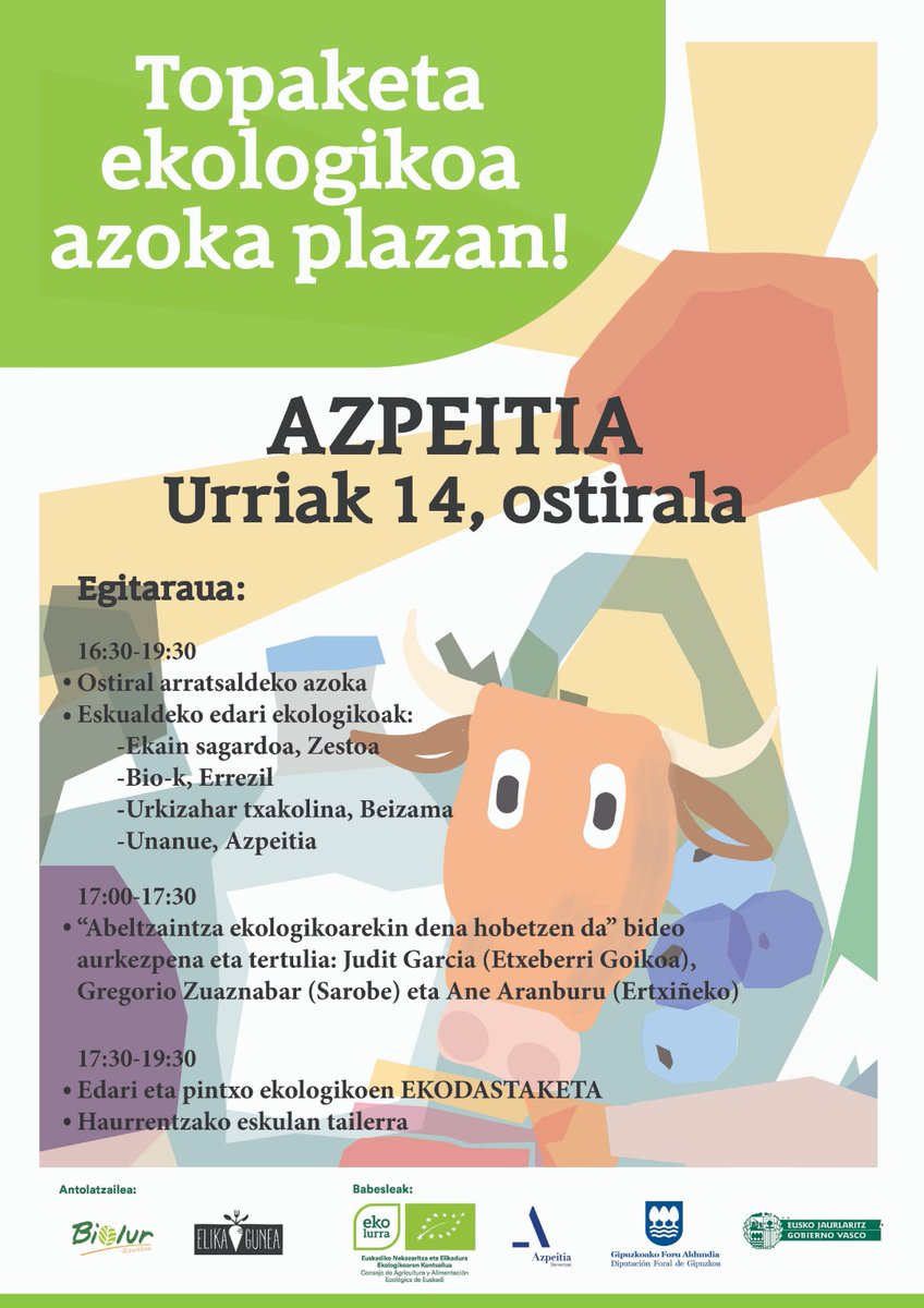 Datorren ostiralean,urriak 14,arratsalde oparoa antolatu dugu <a href="/BiolurGipuzkoa/">Biolur</a> eta Elikaguneak elkarlanean.Ohiko azokaz gain,abeltzaintza ekologikoari buruzko bideoaren aurkezpena,eskualdeko edari ekologikoak,edari eta pintxo dastaketa eta haurrentzako eskulanak izango dira.