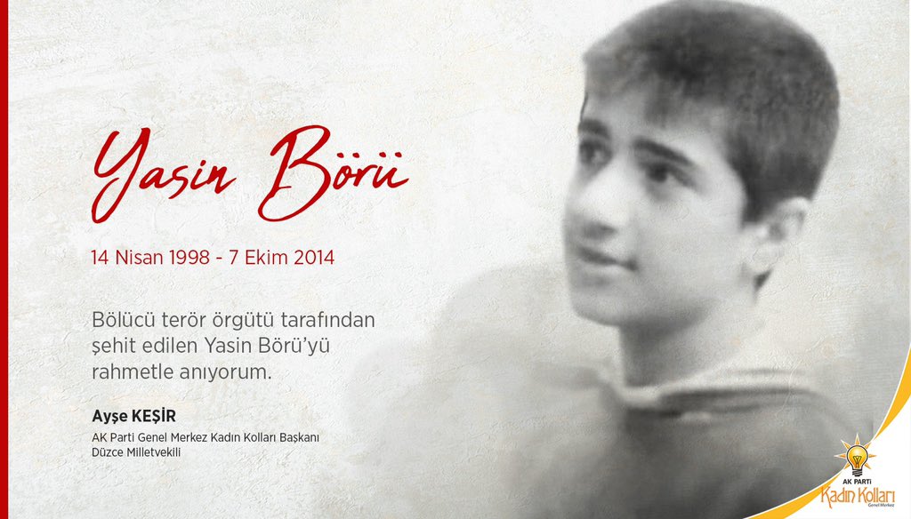 6-8 Ekim olaylarında terör örgütü PKK yandaşları tarafından katledilen vatandaşlarımızı rahmetle anıyorum.

Henüz lise çağında şehit edilen #YasinBörü ve şehitlerimizi unutmadık.