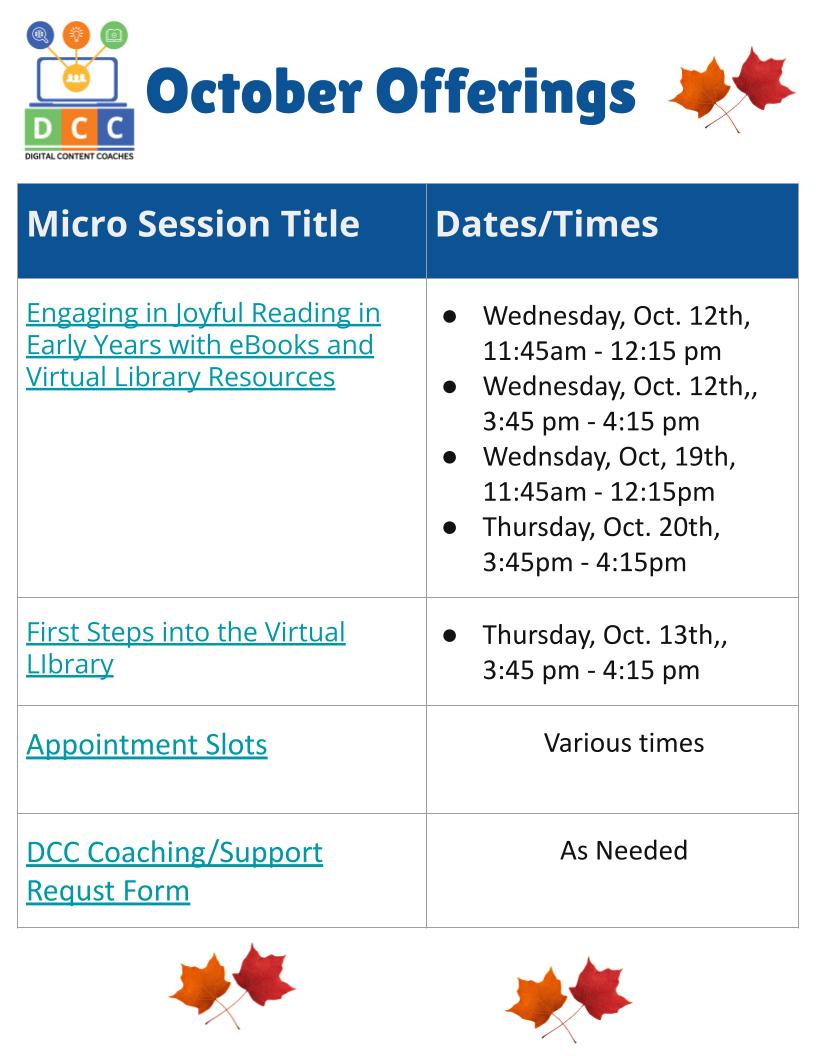 Digital Content Coaches TDSB (@tdsb_dcc) on Twitter photo Looking for resources for Littles? Want to learn more about our Virtual Library? Check out our October offerings. New times and dates added. Registration links - bit.ly/DCCmicros
<a href="/EarlyYearsTDSB/">TDSB Early Years</a> Looking for resources for Littles? Want to learn more about our Virtual Library? Check out our October offerings. New times and dates added. Registration links - bit.ly/DCCmicros
<a href="/EarlyYearsTDSB/">TDSB Early Years</a>