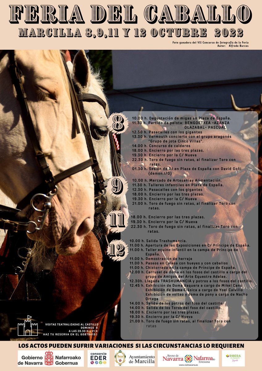 Mañana comienzan las Ferias de #Marcilla!Durante los próximos 8,9, 11 y 12 de Octubre tendrán lugar las famosas ferias  y especialmente el martes 12 la característica Feria del #Caballo🐴🐴, y cuyas actividades se realizan alrededor del Castillo.
¿Te lo vas a perder?