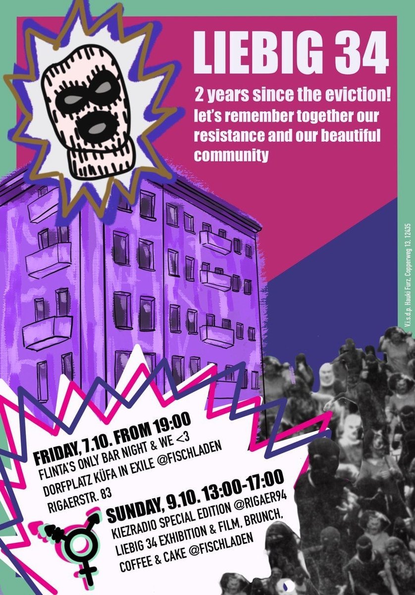 Friday 7.10., 7pm, FLINTA* only Bar night at Fischladen + yummy food. 
Sunday 9.10., 1pm, Kiezradio Special Edition <a href="/Keimzelle/">Die</a> (Rigaer94) (with LIVEMUSIC *Rap* yeah!) + brunch, coffee, cake, beer at Fischladen, incl. PHOTO EXHIBITION by L34  &amp; FILM!
✊ L34 NEVER RIP!