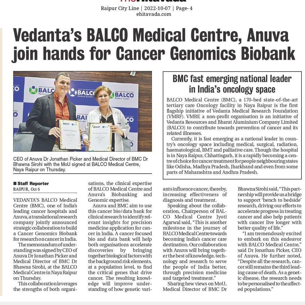 BalcoMedical's tweet photo. BALCO Medical Centre, Naya Raipur & #Anuva, Singapore, has announced strategic collaboration in cancer genomics.
For more details, call: 𝟴𝟮𝟴𝟮𝟴𝟮𝟰𝟰𝟰𝟰.
#BMCRaipur #VMRF #cancerhospital #BalcoMedicalCentre #CancerGenomics #CancerResearch #CancerTreatment #cancercare https://t.co/9QvlE7yfHg