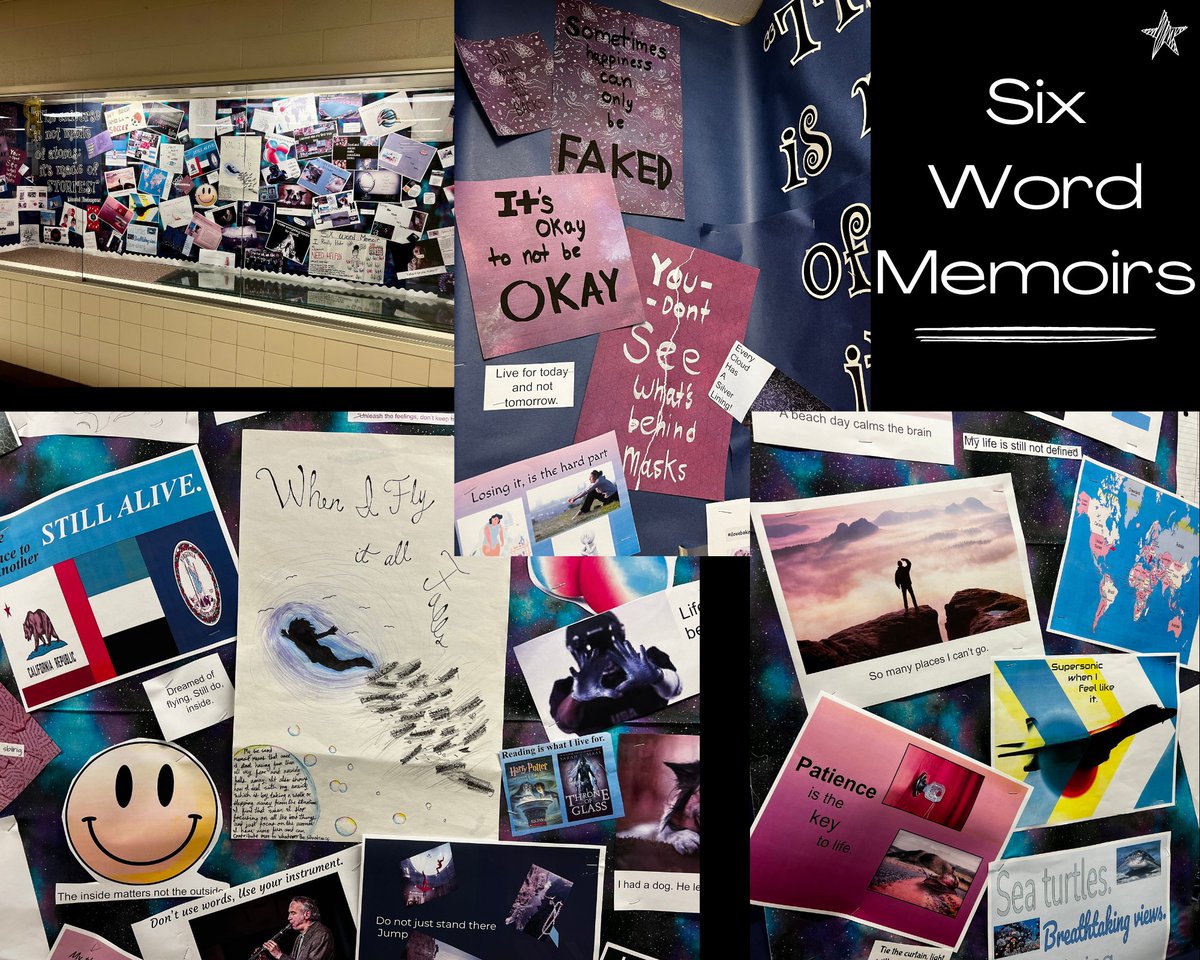 JenKassander's tweet photo. 8th graders did a beautiful job writing six word memoirs! Thank you to @mhuesz for putting together this display of student work. https://t.co/Qcbd3zEd4C