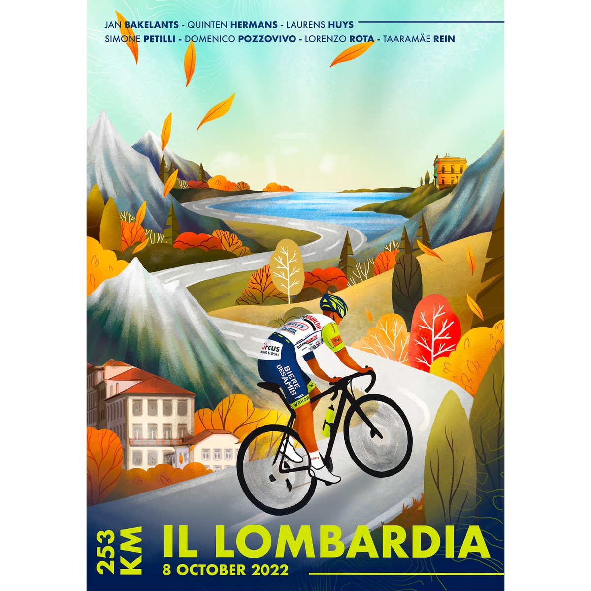 Let's give a fitting ending to this Monumental season @Il_Lombardia 🍂 🇧🇪 Jan Bakelants 🇧🇪 Quinten Hermans 🇧🇪 Laurens Huys 🇮🇹 Simone Petilli 🇮🇹 Domenico Pozzovivo 🇮🇹 Lorenzo Rota 🇪🇪 Rein Taaramäe 👩‍🎨 Marie Pirard Illustration #IlLombardia #RideForAntoine