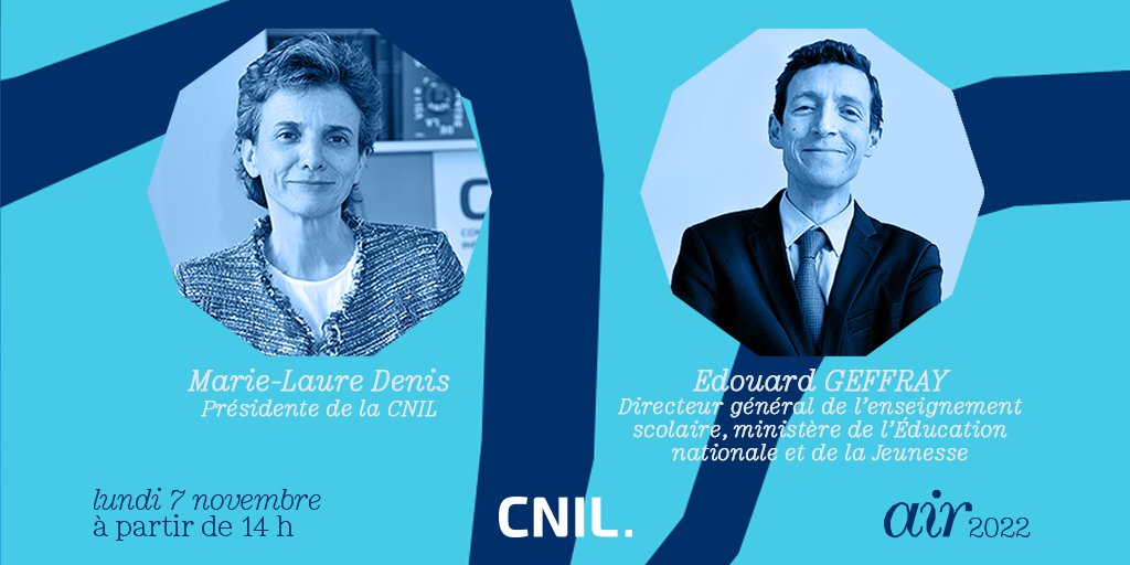 #CNIL_air2022 C'est bientôt ! Inscrivez-vous vite ! 👉 cnil.fr/fr/evenement-a…
M-L Denis, présidente de la CNIL et <a href="/EdouardGeffray/">Édouard Geffray</a>, directeur général de l'enseignement scolaire <a href="/education_gouv/">Ministère Éducation nationale</a> ouvriront cet évènement consacré aux #Edtech et usages numériques dans l’#éducation