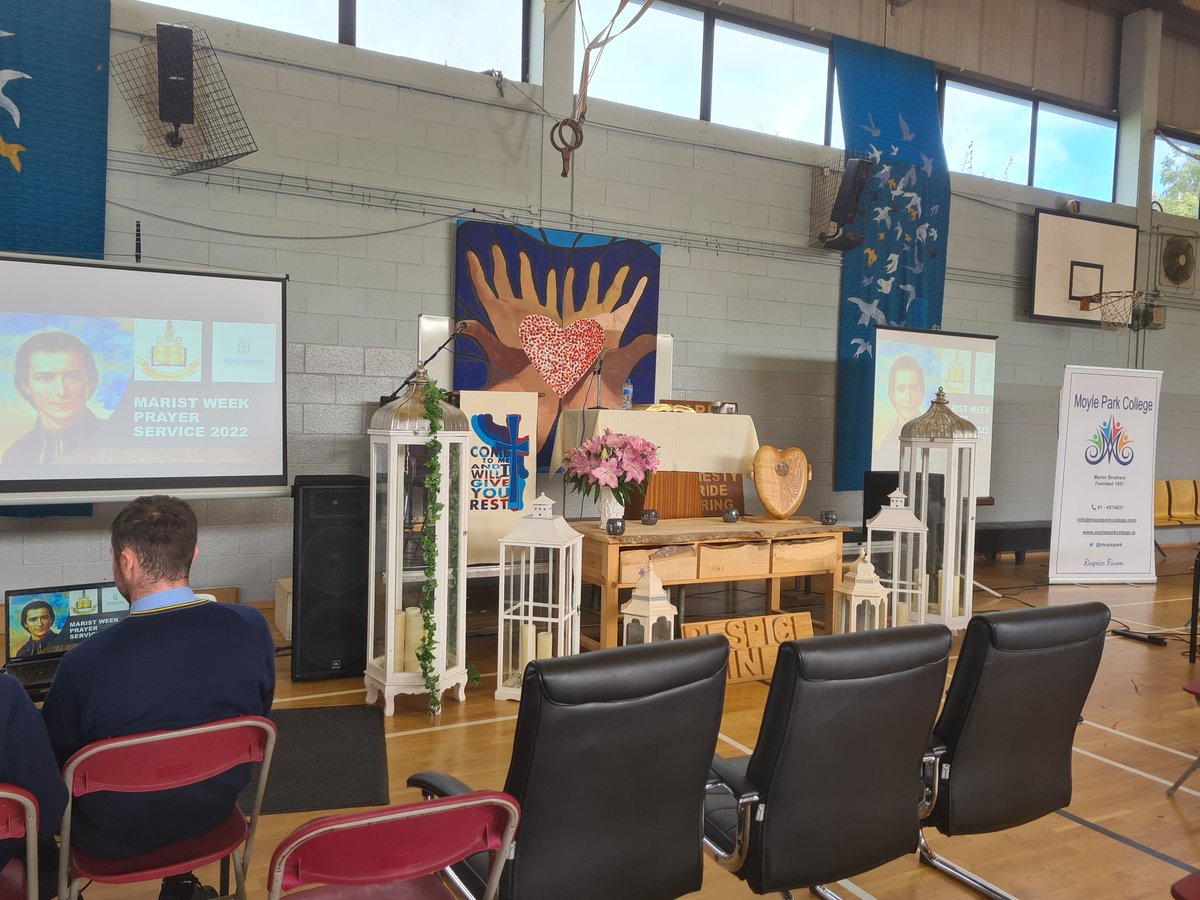 Kelly93Sarah's tweet photo. Today @moylepark  we finished our #Maristweek2022 with our Whole School Mass. It was lovely to welcome everyone back together as one large group. Thank you too all our readers, those who brought up gifts/candles &amp; to those who helped set up &amp; clean up. @MaristEducation https://t.co/ajJG9UGB3Z