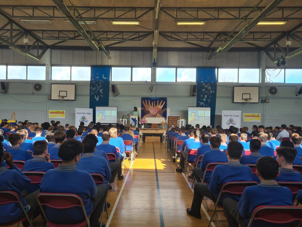 Kelly93Sarah's tweet photo. Today @moylepark  we finished our #Maristweek2022 with our Whole School Mass. It was lovely to welcome everyone back together as one large group. Thank you too all our readers, those who brought up gifts/candles &amp; to those who helped set up &amp; clean up. @MaristEducation https://t.co/ajJG9UGB3Z
