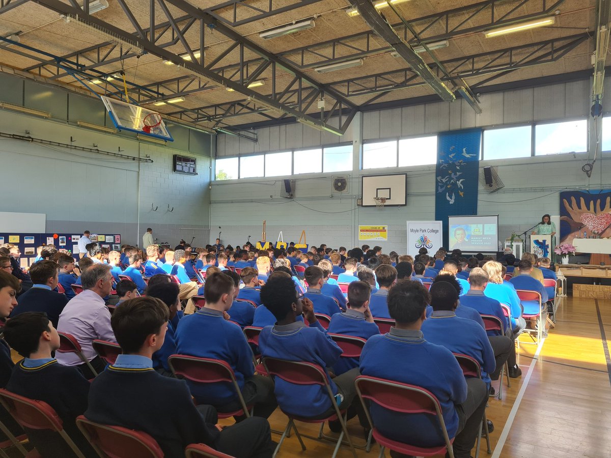 Kelly93Sarah's tweet photo. Today @moylepark  we finished our #Maristweek2022 with our Whole School Mass. It was lovely to welcome everyone back together as one large group. Thank you too all our readers, those who brought up gifts/candles &amp; to those who helped set up &amp; clean up. @MaristEducation https://t.co/ajJG9UGB3Z