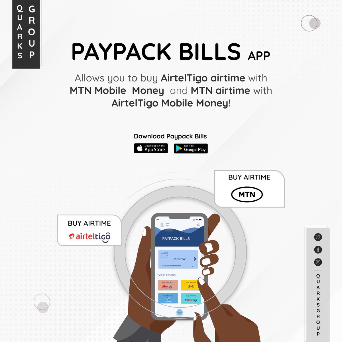 quarks_group's tweet photo. Go cashless by paying your bills and buying airtime using Paypack Bills app.

You get a 2% discount everytime you buy Airtel or Mtn airtime.

Available on Google Play Store and App Store https://t.co/8SsxzrPJX8