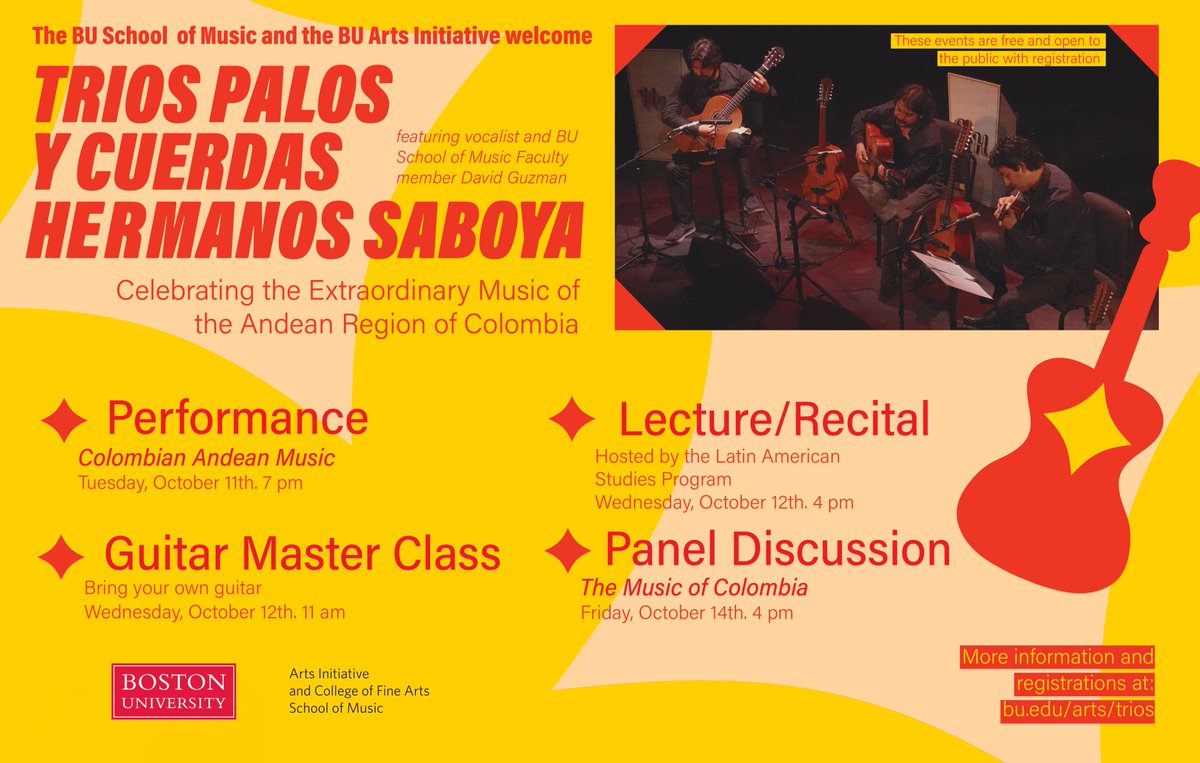 MUSETHBU's tweet photo. Next week in collaboration with the @BUArtsInitiativ, we are excited to welcome Trios Palos y Cuerdas Hermanos Saboya from October 11th - October 14th, 2022. There will be a performance, guitar master class, lecture/recital, and panel discussion. https://t.co/sei5lJOVLl
