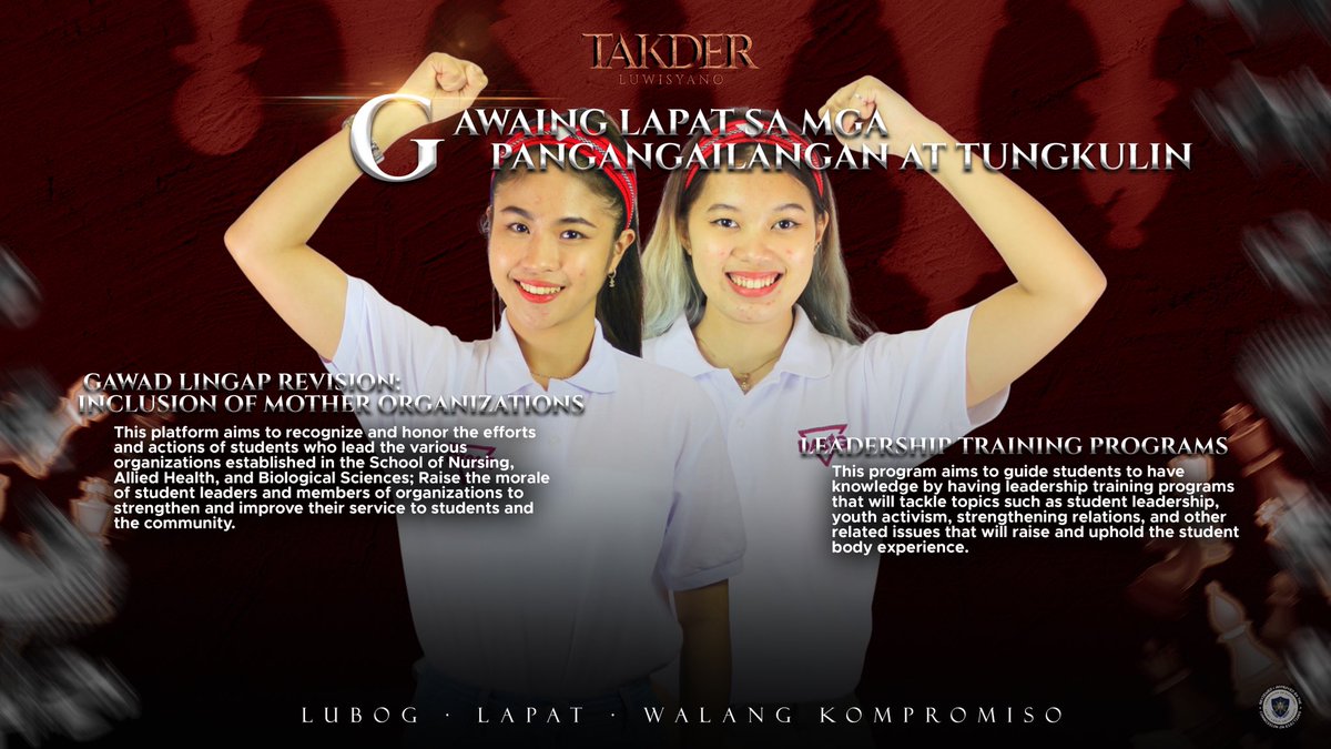 dasig_slu's tweet photo. Handog sa inyo ng mga lider-estudyante mula sa tahanan ng mga hinuhubog na propesyonal sa siyensya at medicina, ang ๐ง๐๐๐ก๐๐ฌ, ๐ฆ๐ข๐ก๐๐๐๐ฆ!
#DA5IG
#TakderLuwisyano
#TunayPalabanMakabayanSLU
#TinigNgSanLuis
#SLUHalalan2022 https://t.co/w0FrxWER5Q