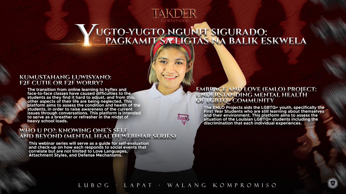 dasig_slu's tweet photo. Handog sa inyo ng mga lider-estudyante mula sa tahanan ng mga hinuhubog na propesyonal sa siyensya at medicina, ang ๐ง๐๐๐ก๐๐ฌ, ๐ฆ๐ข๐ก๐๐๐๐ฆ!
#DA5IG
#TakderLuwisyano
#TunayPalabanMakabayanSLU
#TinigNgSanLuis
#SLUHalalan2022 https://t.co/w0FrxWER5Q