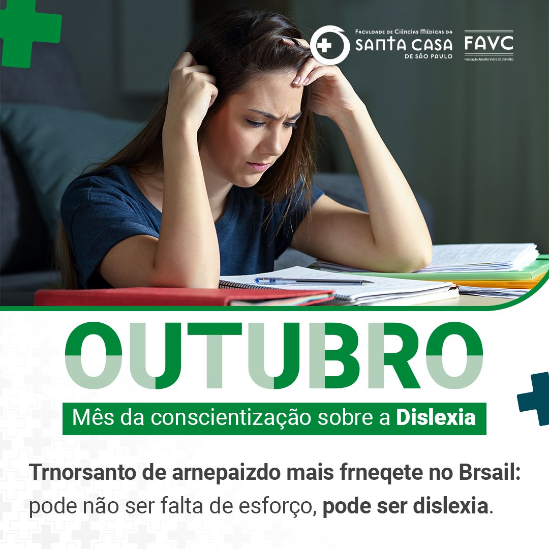 FCMSCSP's tweet photo. O mês de outubro é marcado pela conscientização sobre a dislexia, condição genética que altera o funcionamento cerebral na relação feita pela pessoa entre a escrita e os sons das palavras.
#dislexia #saude #diagnostico #OrgulhoDeSerSanta #FaculdadeSantaCasa #FCMSCSP #SantaCasaSP https://t.co/2fQF2SJWsc
