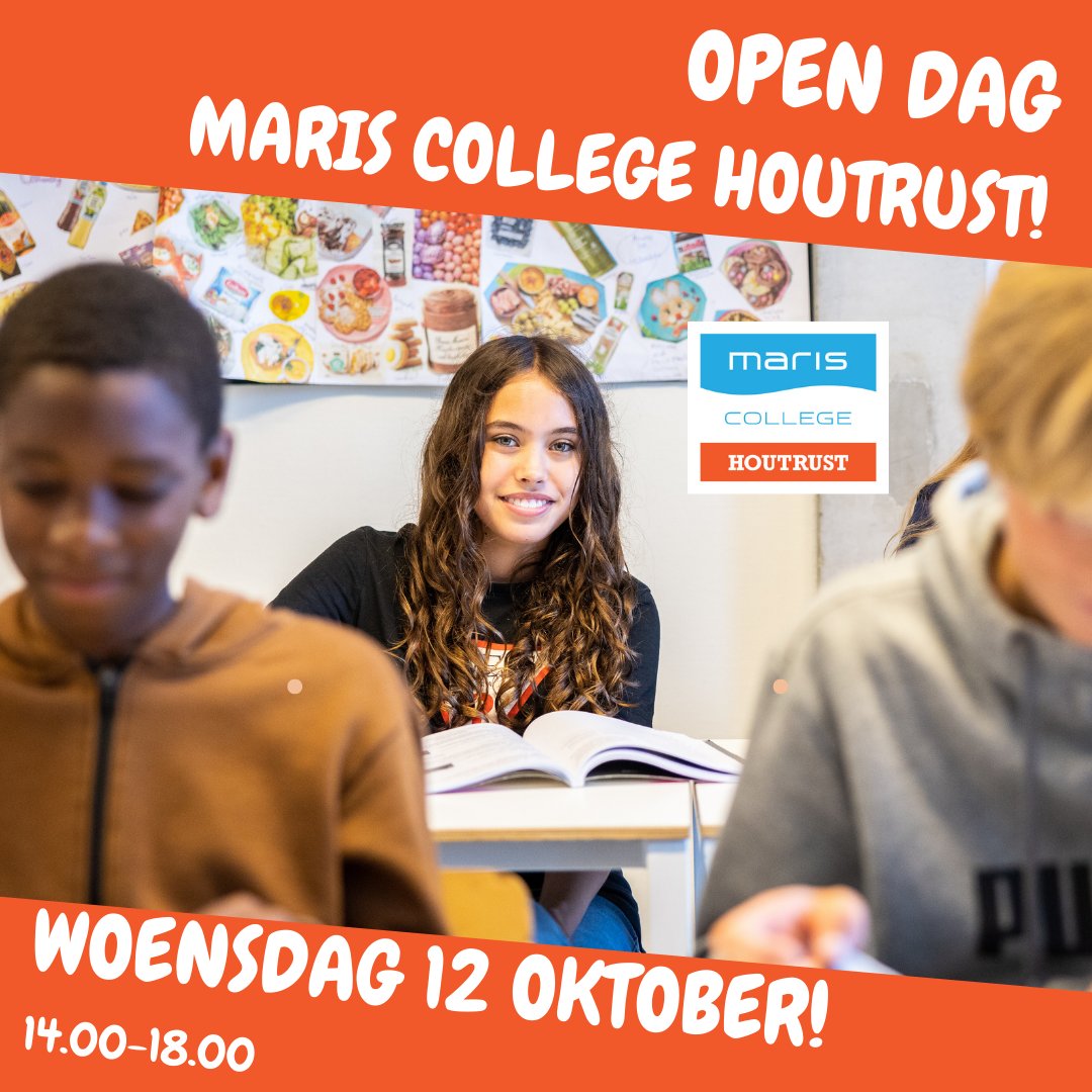 maris_college's tweet photo. Open Dag #MarisHoutrust! Wat ons uniek maakt is dat we de enige school in Den Haag zijn met een #tweetaligmavo (TTO). Bij ons kun je terecht met een tl (mavo) en of tl (mavo)/havoadvies. Ben jij benieuwd hoe het bij ons op school is? Kom naar de #opendag op woensdag 12 oktober! https://t.co/A6Fyv3CEtq