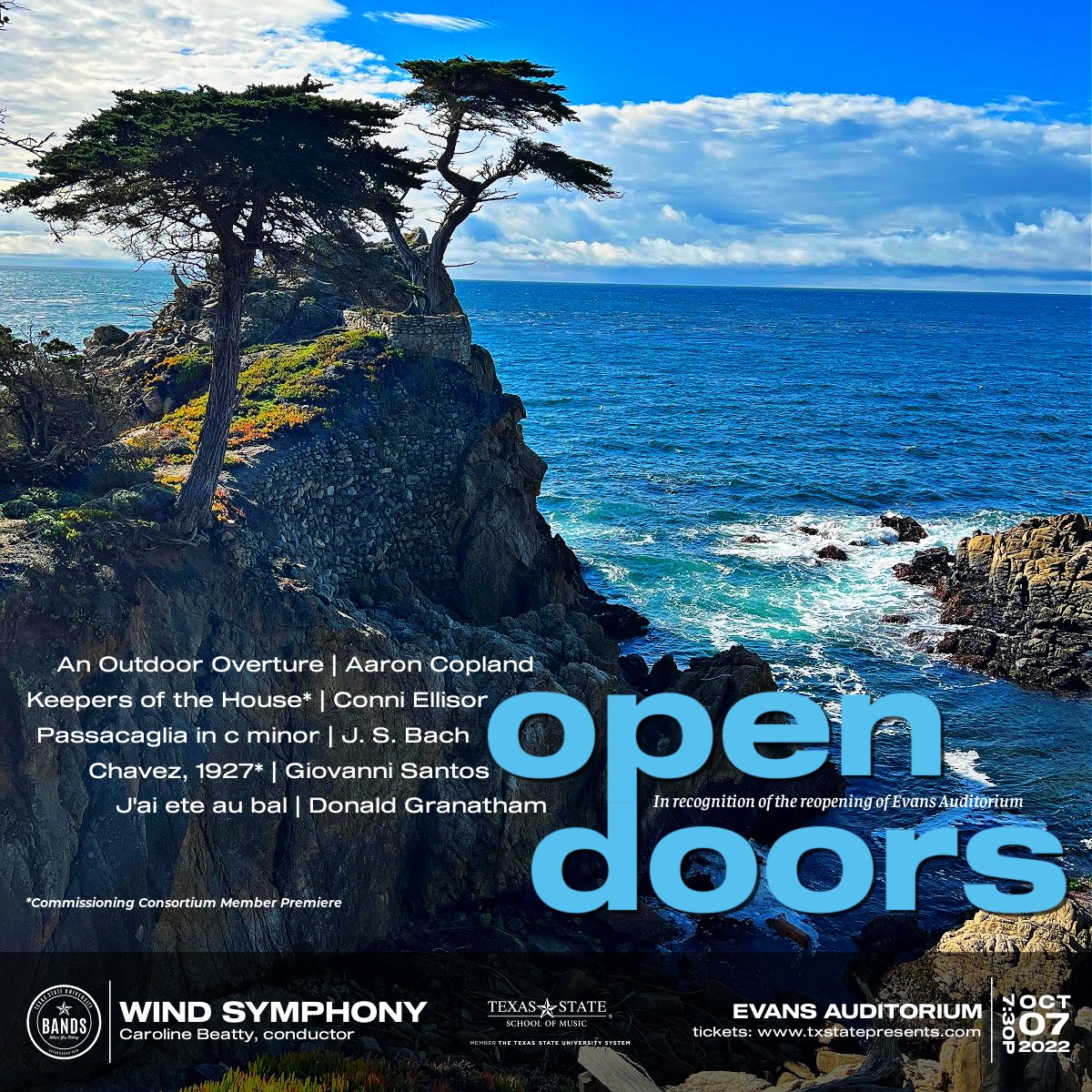 txstmusic's tweet photo. Evans Auditorium opens its doors again tonight with the Wind Symphony under the direction of Dr. Caroline Beatty. You don't want to miss this! See you there at 7:30pm! #TXST #TXSTmusic @txstbmb https://t.co/8pwyrw6z8f