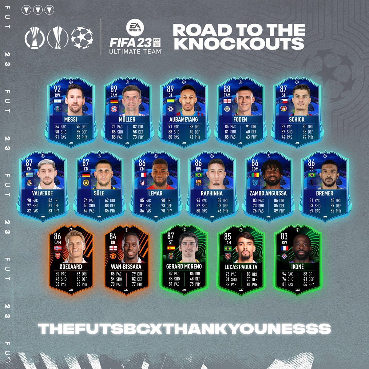 TheFUTSBC's tweet photo. 🫡 RTTK Team Leaked

🐐 Messi / 🇧🇷 Raphinha / 🇺🇾 Valverde

Who are you guys hoping for in your packs this week 👀

Design by @ThankYounesss 

Leaked by - @FutSheriff @FutArcade 

#FIFA23 #RTTK #leaks https://t.co/NlCPWEKcUR