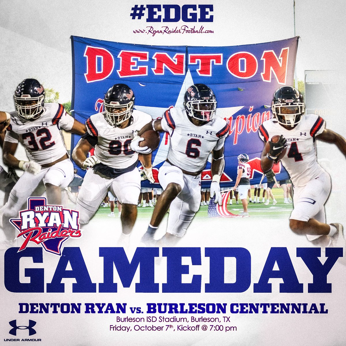 Denton Ryan at Burleson Centennial 📅 Tonight, Friday, Oct. 7, 2022 ⏰ 7:00 pm 📍 Burleson ISD Stadium 📺 | NO LIVE STREAM THIS WEEK 🎟 | burlesonisd.net/Page/3440 #HomeOfChampions #EDGE @DaveHenigan @DRR_Recruiting @dentonisd @DentonISDSports @CodeRedSS @CoachDeLaTorre