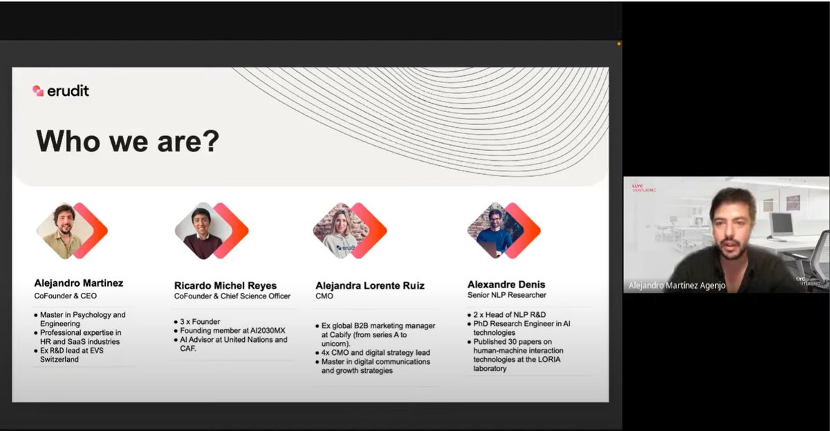💻 En #LLYCVenturingTalks junto a <a href="/MartinezAgenjo/">Alejandro Martinez Agenjo</a> hemos presentado a los #LLYCERS de primera mano los detalles de  <a href="/erudit_ai_tech/">Erudit</a> , nuestra primera inversión en #startups tecnológicas con <a href="/MartinezAgenjo/">Alejandro Martinez Agenjo</a> <a href="/guisasola_marta/">Marta Guisasola</a> y Javier Gibert