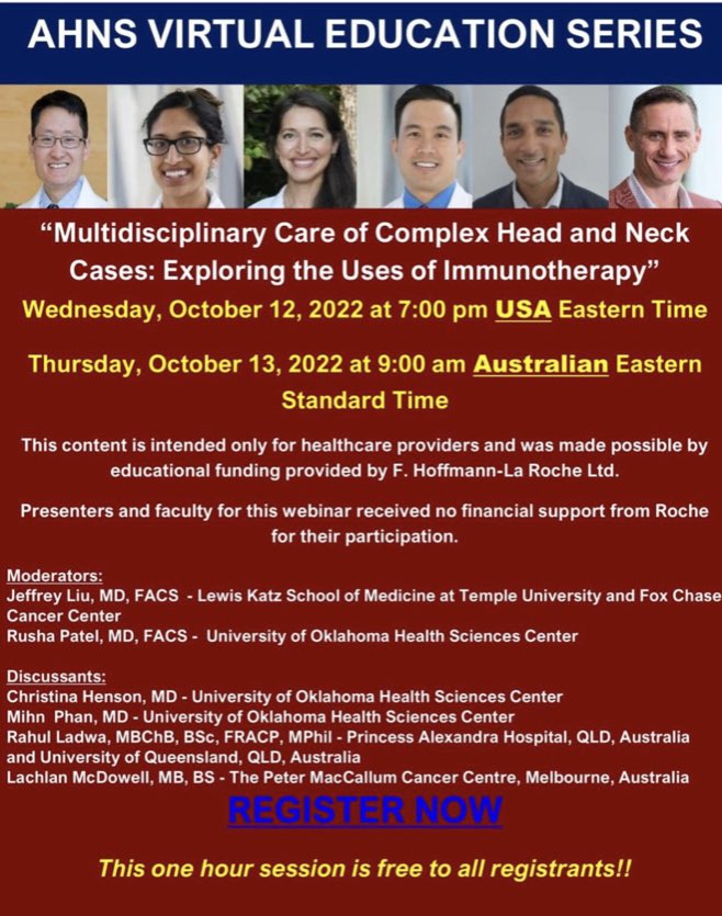 H_N_C_I_G's tweet photo. Excited to see three members of our Young Investigators group on this lineup! Sign up here to join: https://t.co/pkP6LyVp03
@lachiemcd 
@henson_md 
@DrRahulLadwa 
@AHNSinfo 
@radonc_OU 
@StephensonCC 
@PeterMacRadOnc https://t.co/9iaL8Xs4AP