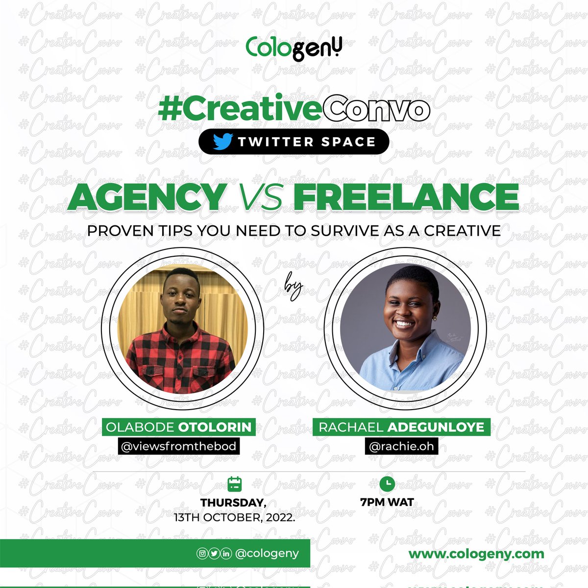 cologeny's tweet photo. We Are Back! 

Remember our #CreativeConvo sessions?

Glad to announce our upcoming twitter space happening next week, where you'll learn more about the different ways to channel your talent and creativity. 

Join us 7pm, next Thursday. Set your reminder https://t.co/Hddtu1IvHP https://t.co/unhBqWu5Hx