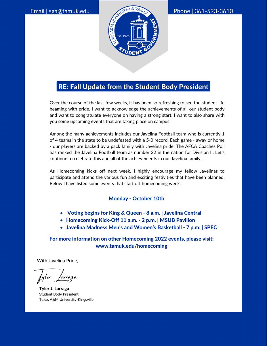 Fall Update from the Student Body President! 

#tamuksga #Homecoming2022