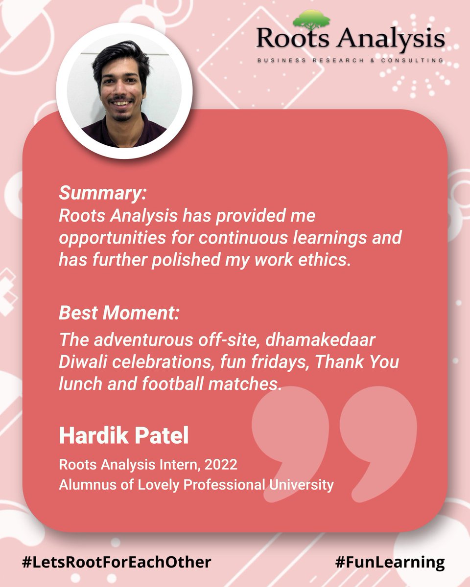 RootsAnalysis's tweet photo. Intern Shoutout #4
As per Hardik, his pro-tip for the newbies would be to "Take the internship period seriously and never hesitate to solicit assistance from your colleagues!"
#RootsAnalysis #rooters #RAteam #marketing #learning #intern https://t.co/l5wW24AyTI