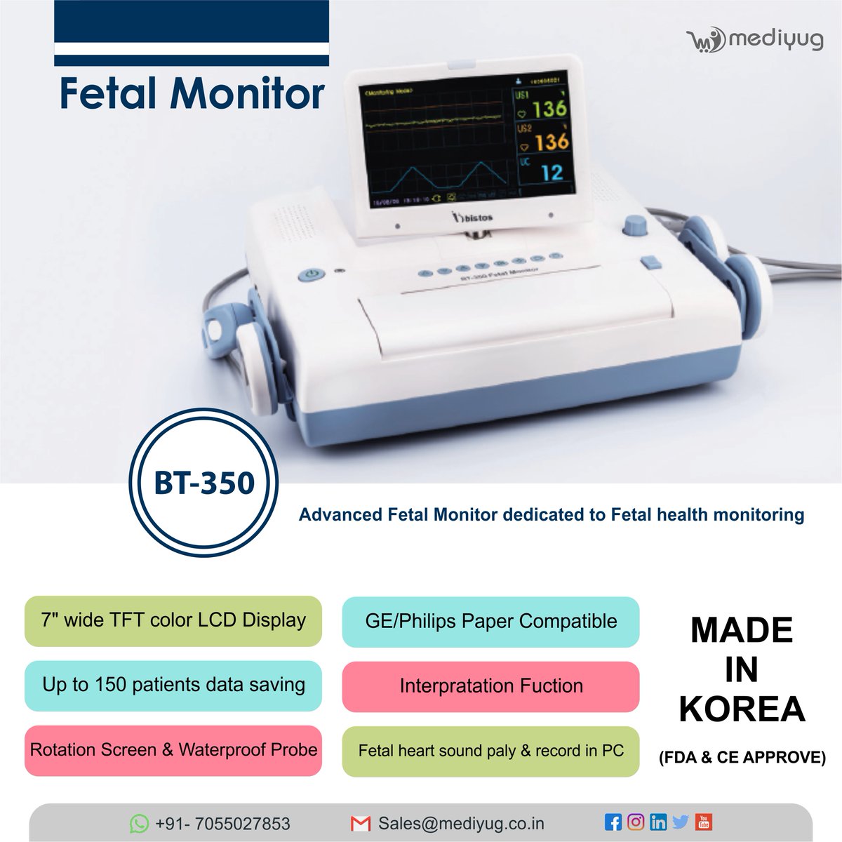 Medi_Yug's tweet photo. Bistos Fetal Monitor BT-350
Advanced Fetal Monitor Dedicated to Fetal health monitoring.

For any queries feel free to contact us.
Call / Whatsapp: 91-7055027853
Email: sales@mediyug.co.in

 #doctor #hospital #fetalmonitor #fetaldoppler #fetalmachine #gynecologist #gynecology https://t.co/MJpISsXjSC