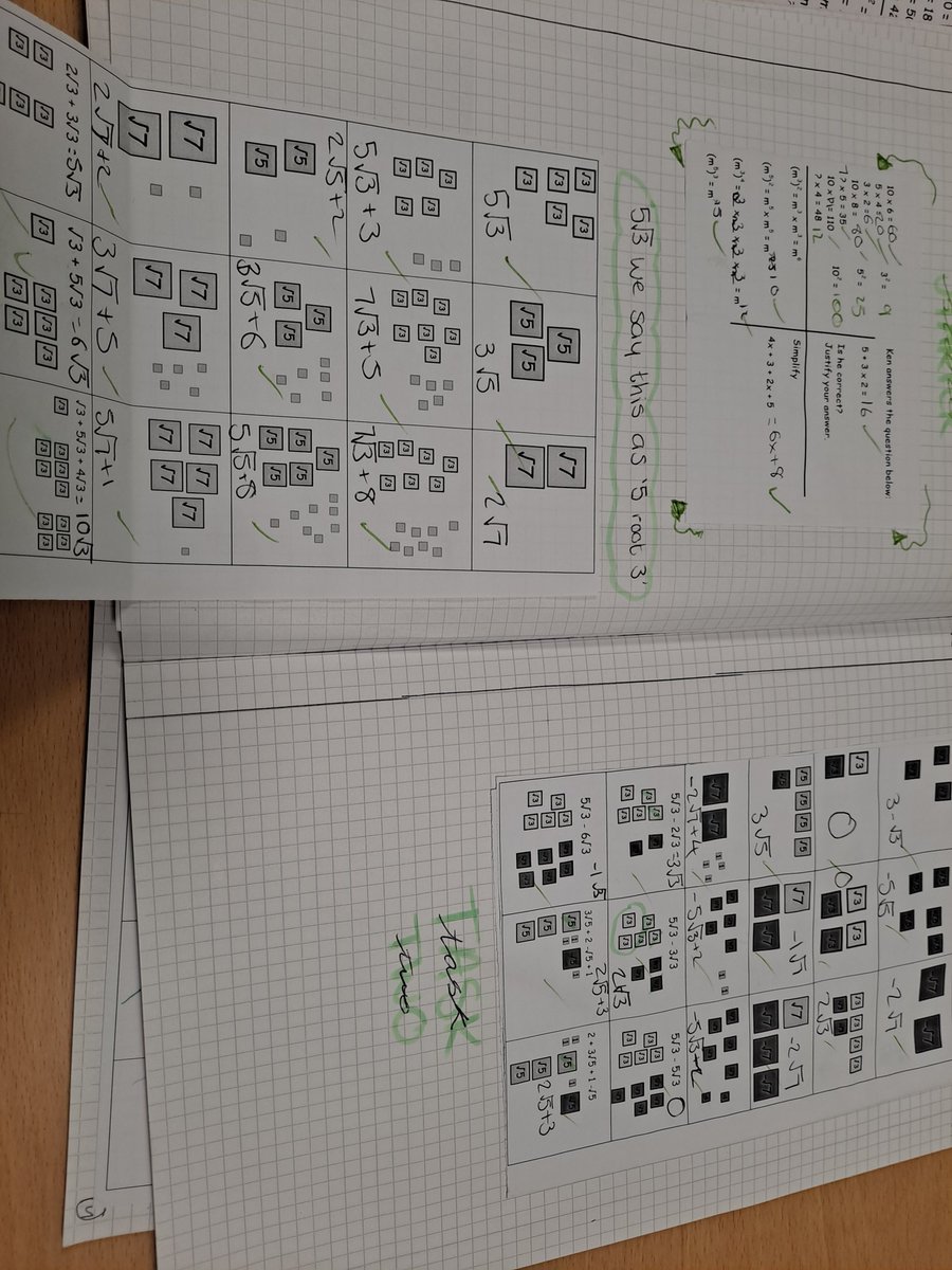 RodleyMaths's tweet photo. Lesson 3 - doing some great work with collecting surds. Love using tiles. 

Everyone has bad lessons, it's all about thinking what can we change next time. https://t.co/sJQbAmdcNE