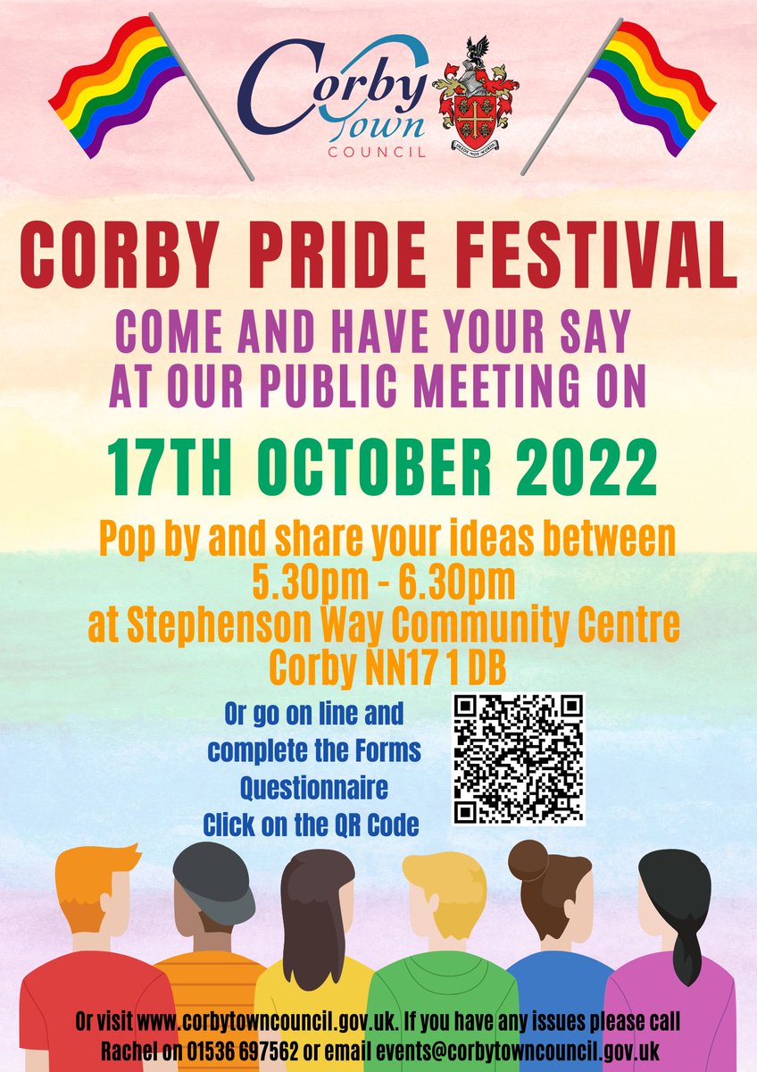We are super excited to announce that PRIDE is coming to Corby for the first time ever, so we inviting all to join us in a public consultation event.
If you are unable to make this date/time, you can also share your thoughts with us online. forms.office.com/r/SYFQ7mhvFD