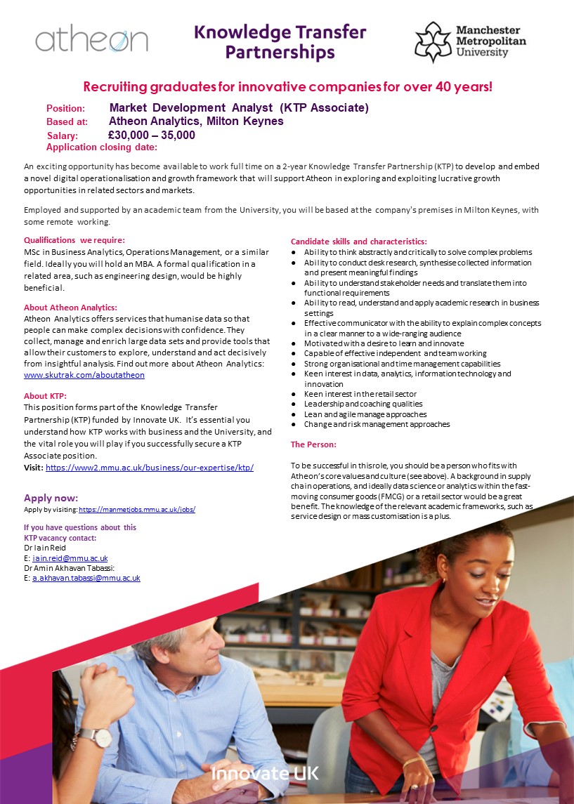 Apply for this exciting Market Development Analyst KTP role in Milton Keynes for Atheon Analytics manmetjobs.mmu.ac.uk/jobs/vacancy/m…
@ktn_ktp <a href="/innovateuk/">Innovate UK</a> <a href="/ManMetJobs/">Manchester Met Jobs</a> <a href="/atheonanalytics/">Atheon Analytics</a>