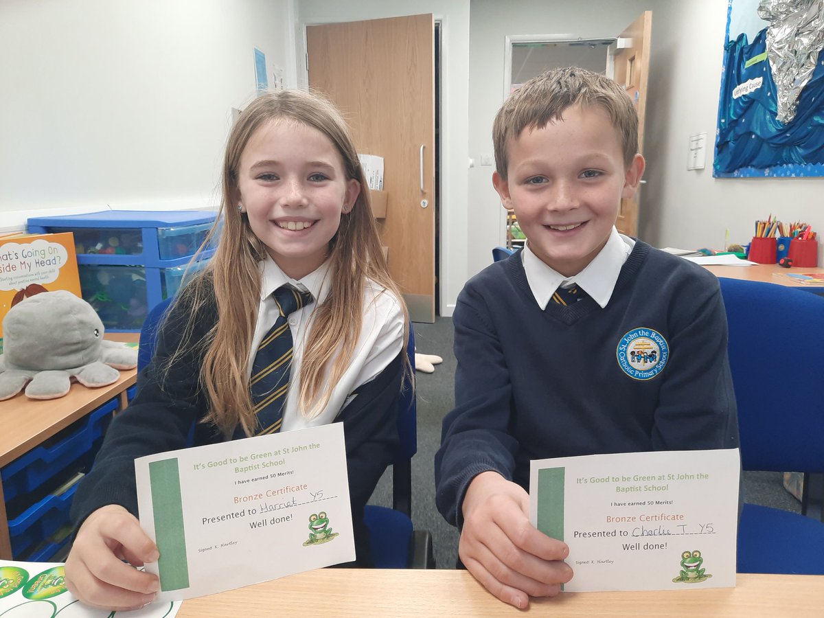 SJBNormanton's tweet photo. We are very proud of Minnie, Oliver, Niamh, Sophie, Isabelle, Harriet and Charlie. They are the first group of children to reach 50 merits across school. Well done! #GoodtobeGreen #hardworkpaysoff #positivebehaviours https://t.co/90vwR0i944