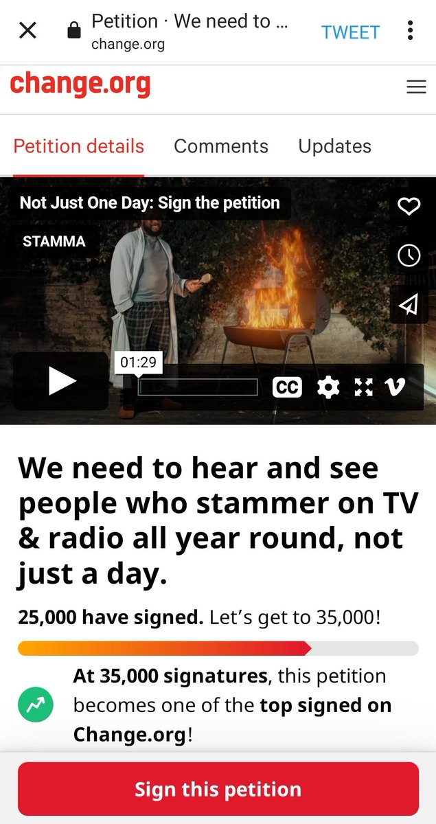 25,000 people have now signed STAMMA's @Change petition! You're all amazing 👏🏿👏🏼👏🏽 Add your name too and help us spread the message that 'We need to hear and see people who stammer on TV and radio all year round: not just one day.' change.org/p/bbc-channel4… twitter.com/JanePowell_sol…