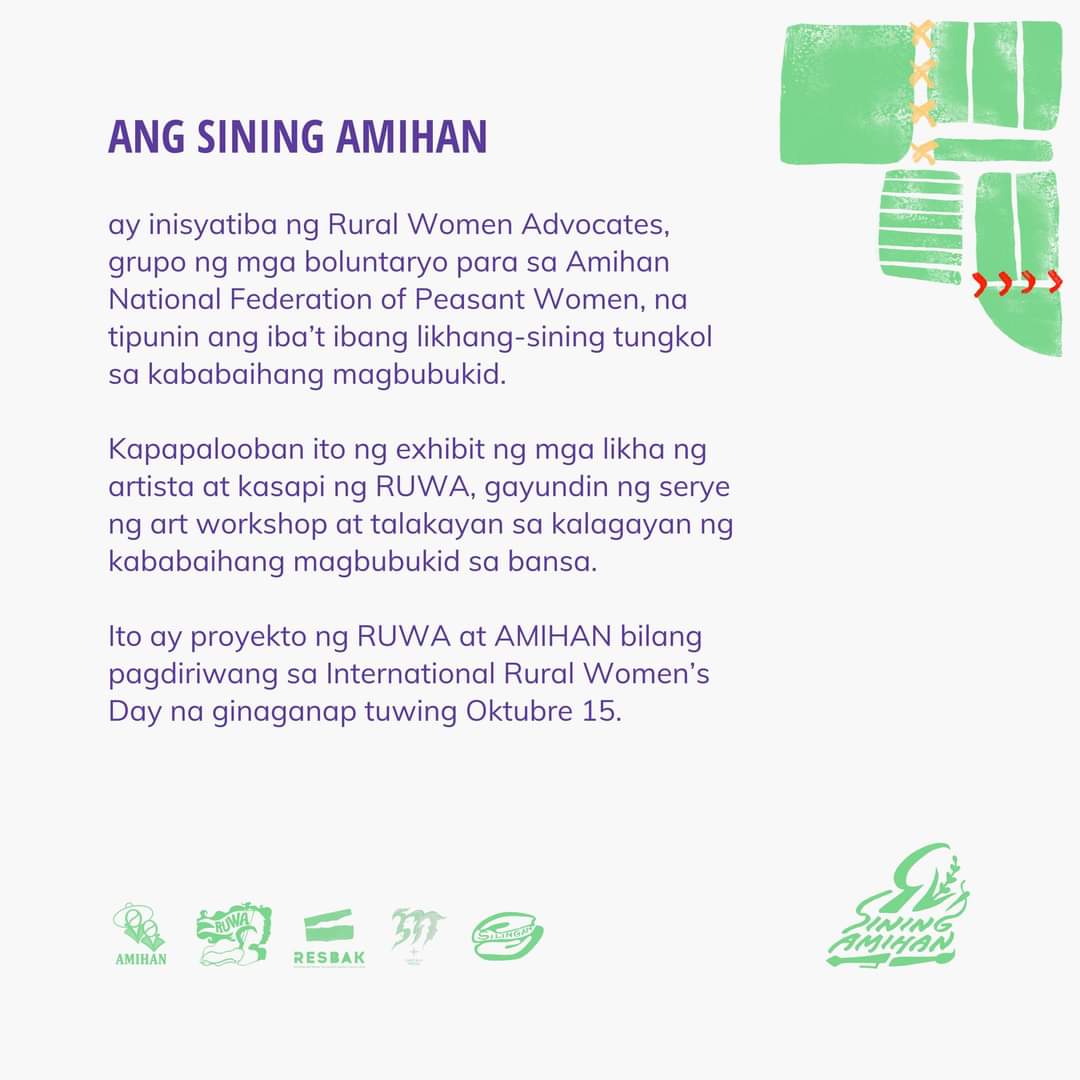 ruwa_ph's tweet photo. SINING AMIHAN: Exhibits, Workshops &amp; More

Sa 7 sa 10 magsasakang walang sariling lupa, kalahati ang babae. https://t.co/FutqPU8wbe