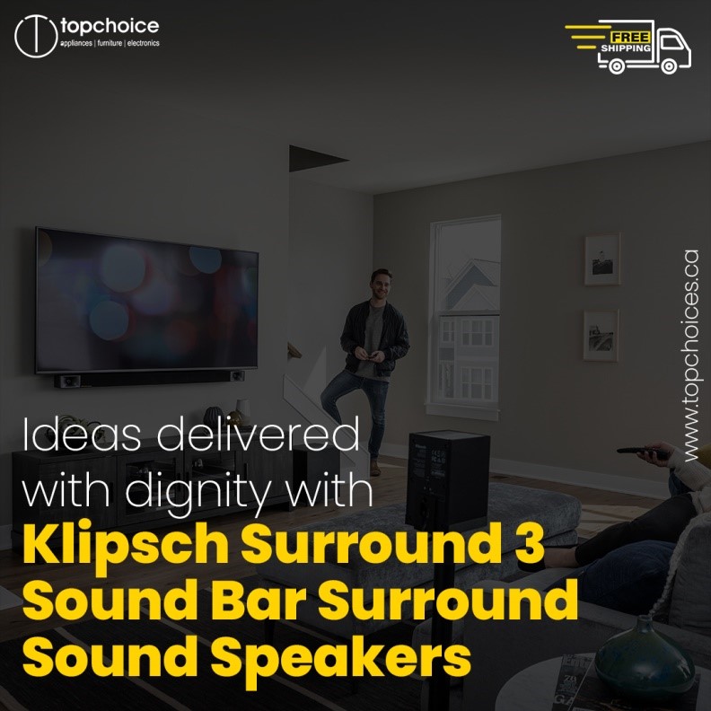 topchoicesca's tweet photo. #Klipsch is the brand you can trust for high-quality sound. With 3 surround speakers and an subwoofer, their latest product Surround #SoundBar will give your #hometheater that professional feel with crystal clear vocals in every corner of rooms! Get it at 20% off call  9057990045 https://t.co/uA9m4jk0rt