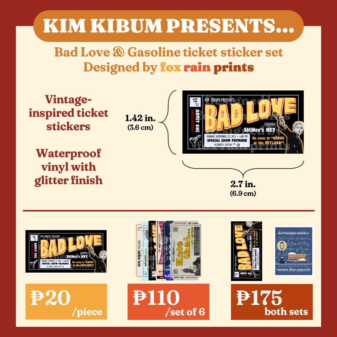 foxrainprints's tweet photo. BAD LOVE &amp; GASOLINE TICKET STICKERS 

🎟️ Available per piece (PHP 20)
🎟️ Order with Jjong postage stamp stickers and get PHP 15 off!

🛒 Pre-order now! https://t.co/cQLGjJLoPO 
🌐 Check out our Carrd for more details: https://t.co/QMgP315eBd https://t.co/I0GMZZoYRd