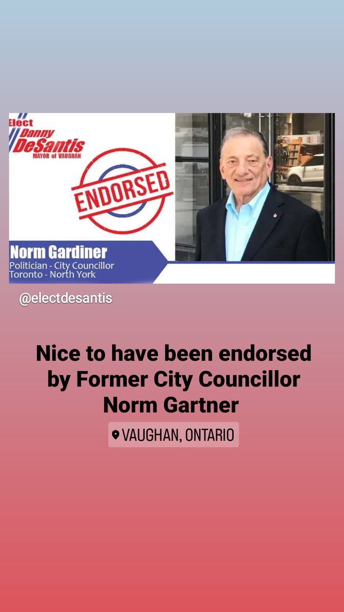 DeSantisVaughan's tweet photo. Thank You Norm Gartner for your endorsement
.
Vote Today  Oct 6 - 20th on line or Walking on Oct 24 to Support Danny DeSantis for Mayor of Vaughan for CHANGE https://t.co/07ybIyv1TM 
.
#thornhillwoods #Thornhill #VaughanWoodbridge #Vaughan #Woodbridge https://t.co/tJWm6kmmmK